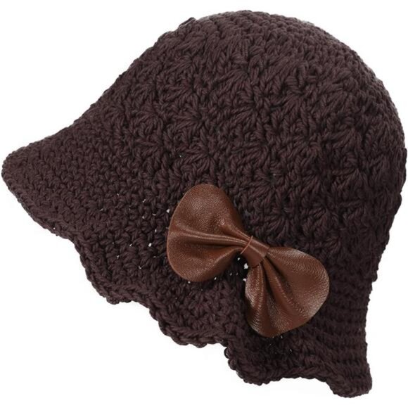 Women Winter Crochet Bucket Hat Bow Brown